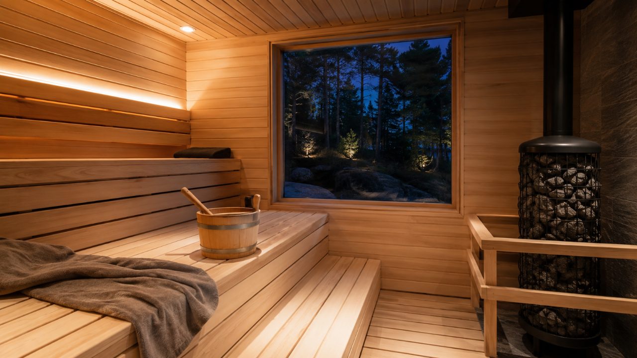Intérieur d'un sauna finlandais en bois avec poêle et pierres chaudes, ambiance chaleureuse → Piscine et Jardin