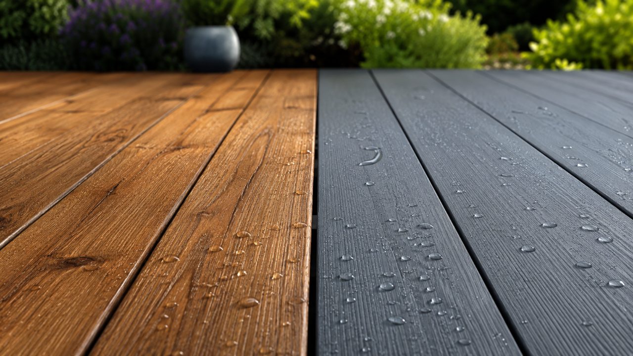 Gros plan de lames de terrasse en bois et en composite côte à côte, comparatif de revêtements → Piscine et Jardin