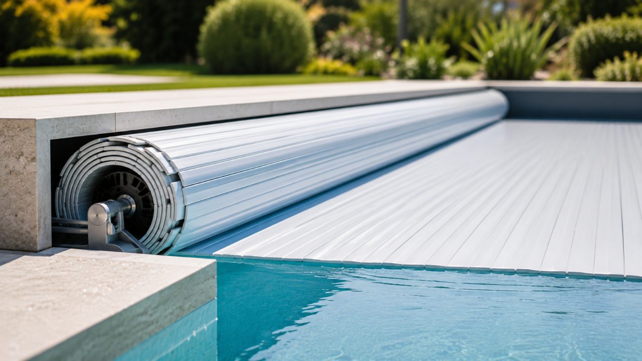 Volet roulant de sécurité automatique se déroulant sur une piscine, dispositif conforme à la norme