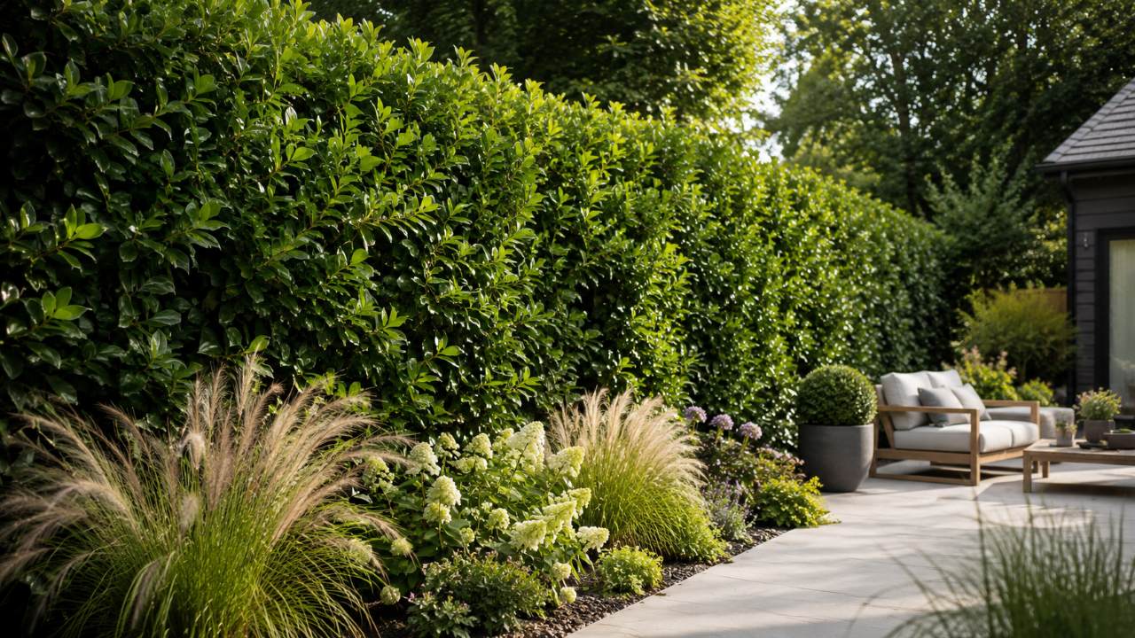 Brise-vue végétal composé d'une haie dense le long d'une terrasse de jardin paysager → Piscine et Jardin