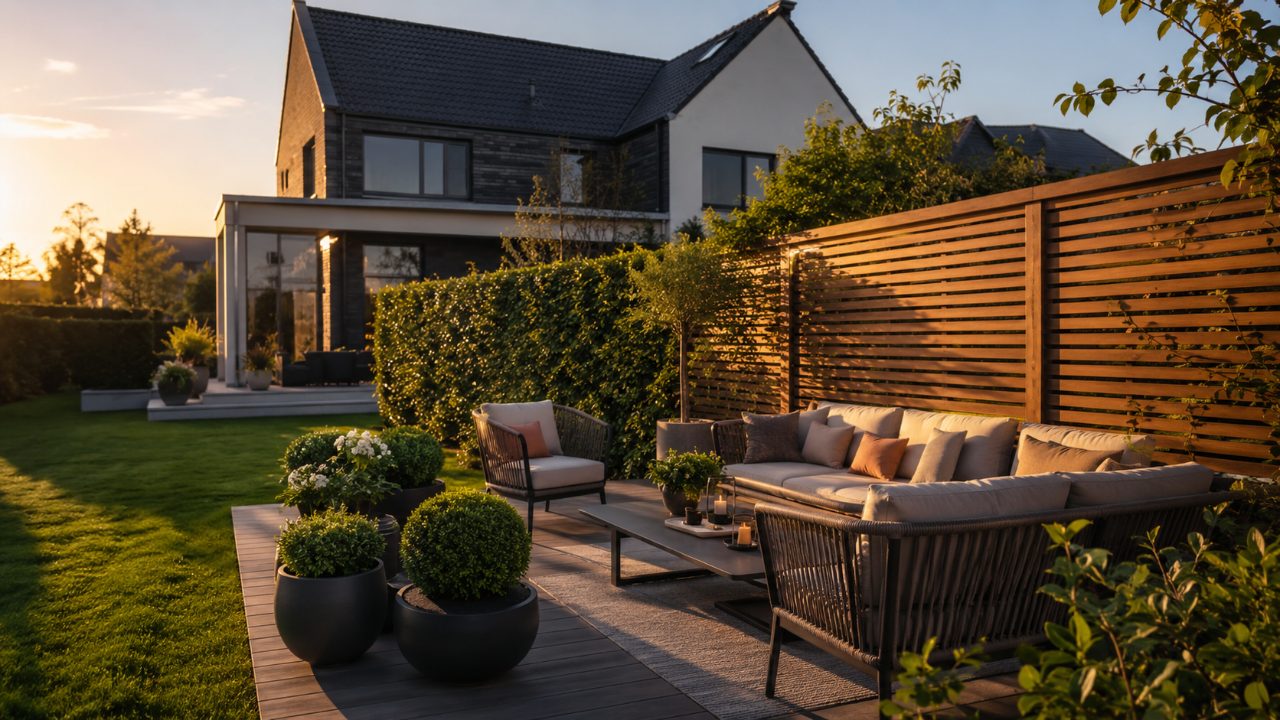 Terrasse de jardin protégée par un brise-vue en bois et des plantes pour préserver l’intimité dans le Nord → Piscine et Jardin