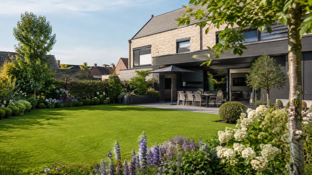 Jardin paysager avec une belle pelouse verte et une terrasse dans le Nord de la France → Piscine et Jardin