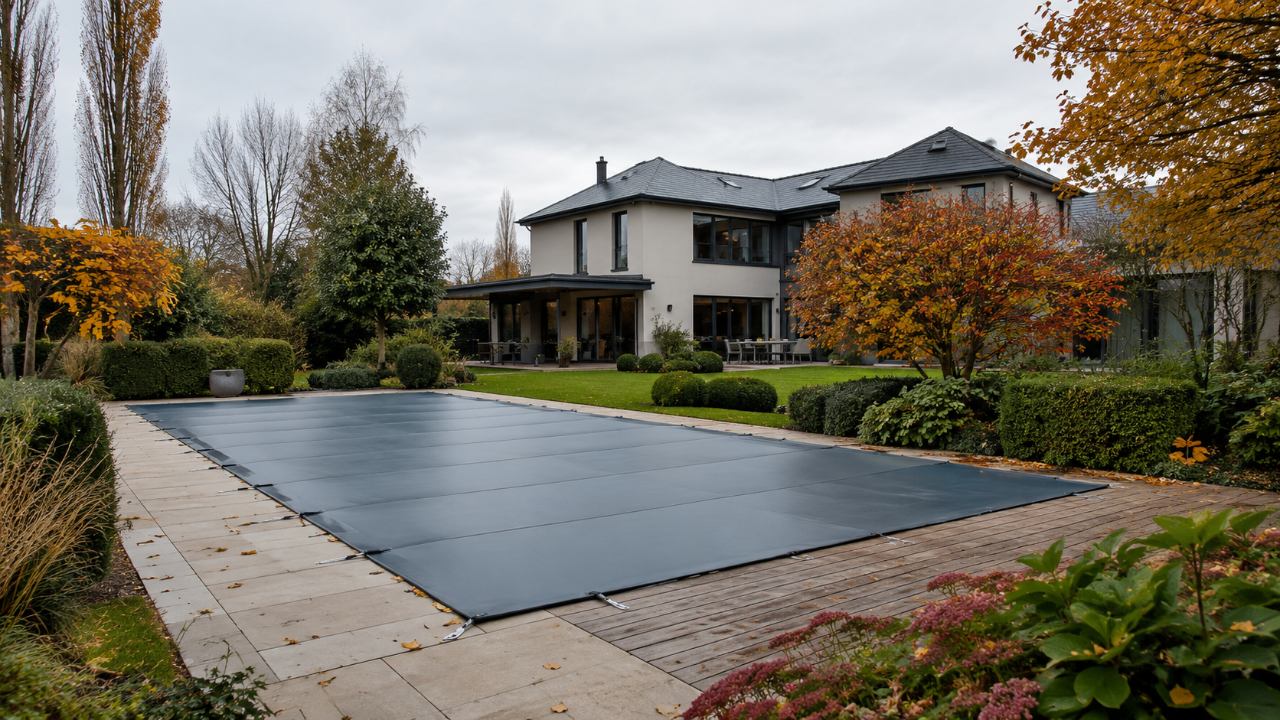 Piscine de jardin couverte et préparée pour l’hivernage dans le Nord de la France, feuilles d’automne au sol → Piscine et Jardin