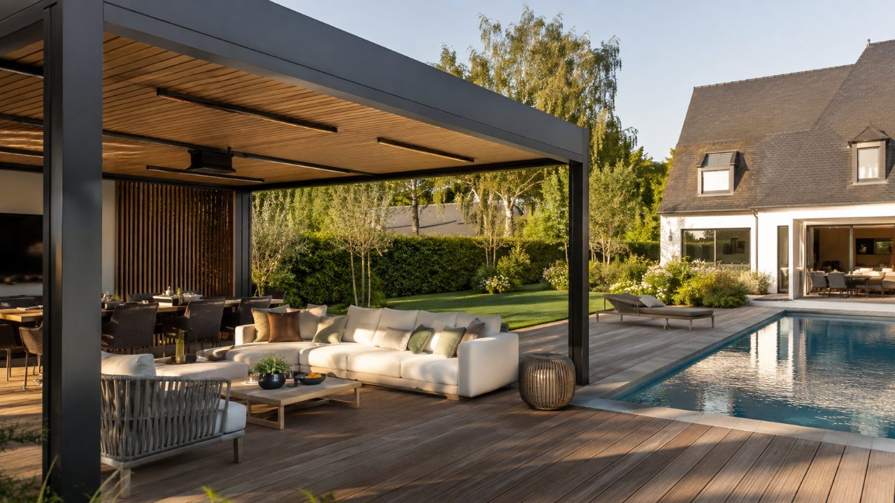 Pool house contemporain au bord d’une piscine avec salon d’été et terrasse dans un jardin du Nord → Piscine et Jardin
