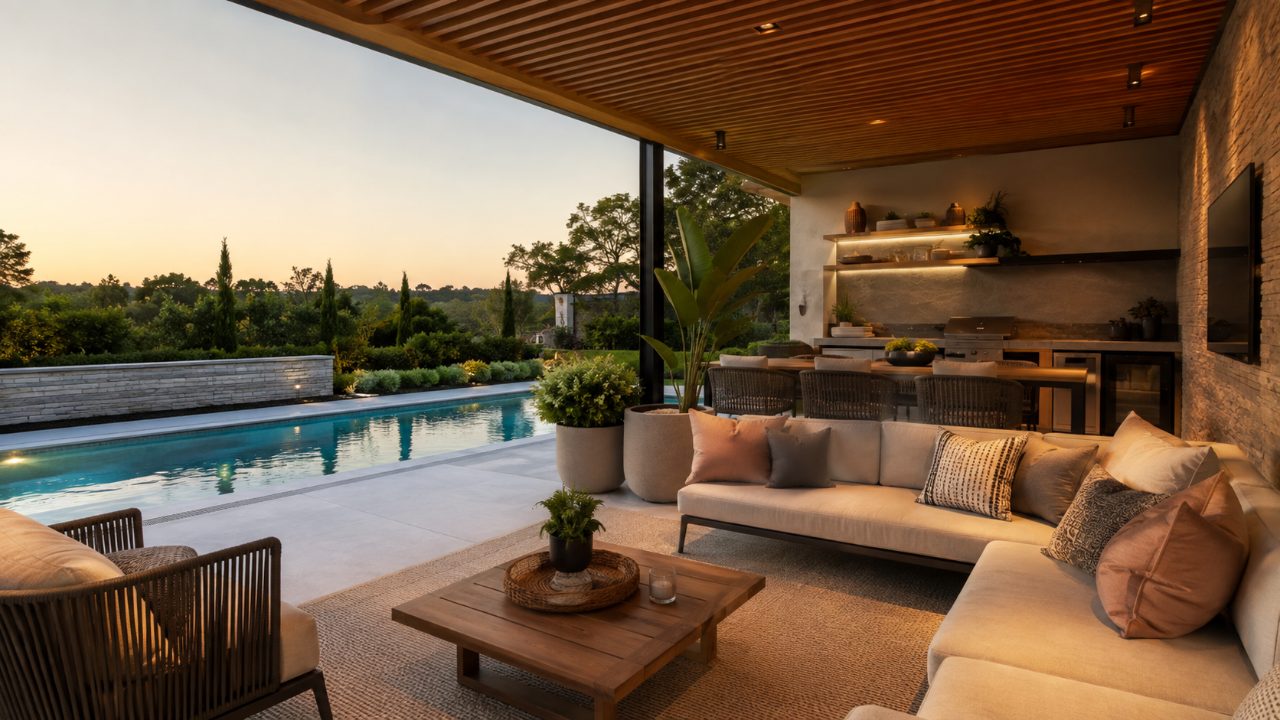 Salon d'été aménagé dans un pool house au bord de la piscine, mobilier d'extérieur et coin repas → Piscine et Jardin