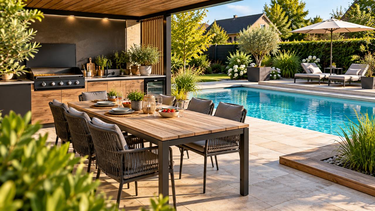 Cuisine d’été aménagée au bord d’une piscine dans un jardin du Nord → Piscine et Jardin