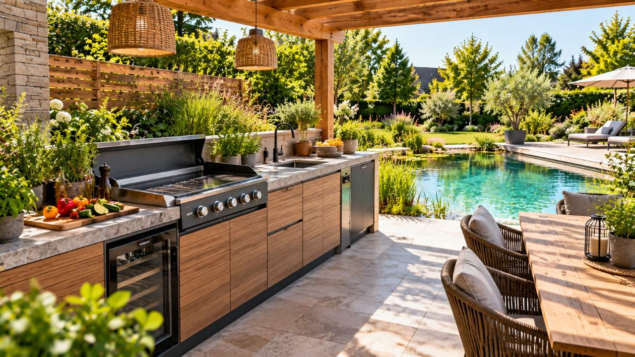 Plan de travail et plancha d'une cuisine d'été extérieure sous une pergola → Piscine et Jardin