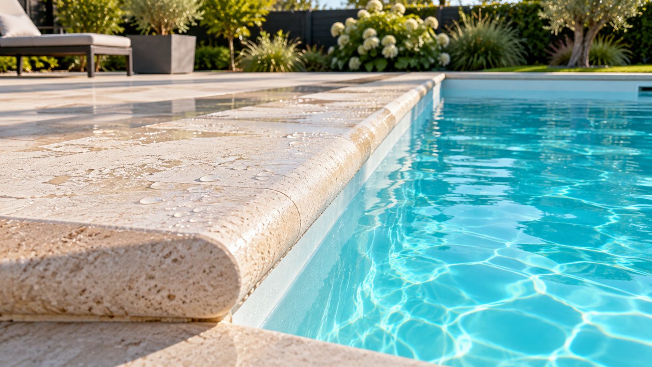 Margelle à bord arrondi antidérapante au bord d'une piscine → Piscine et Jardin
