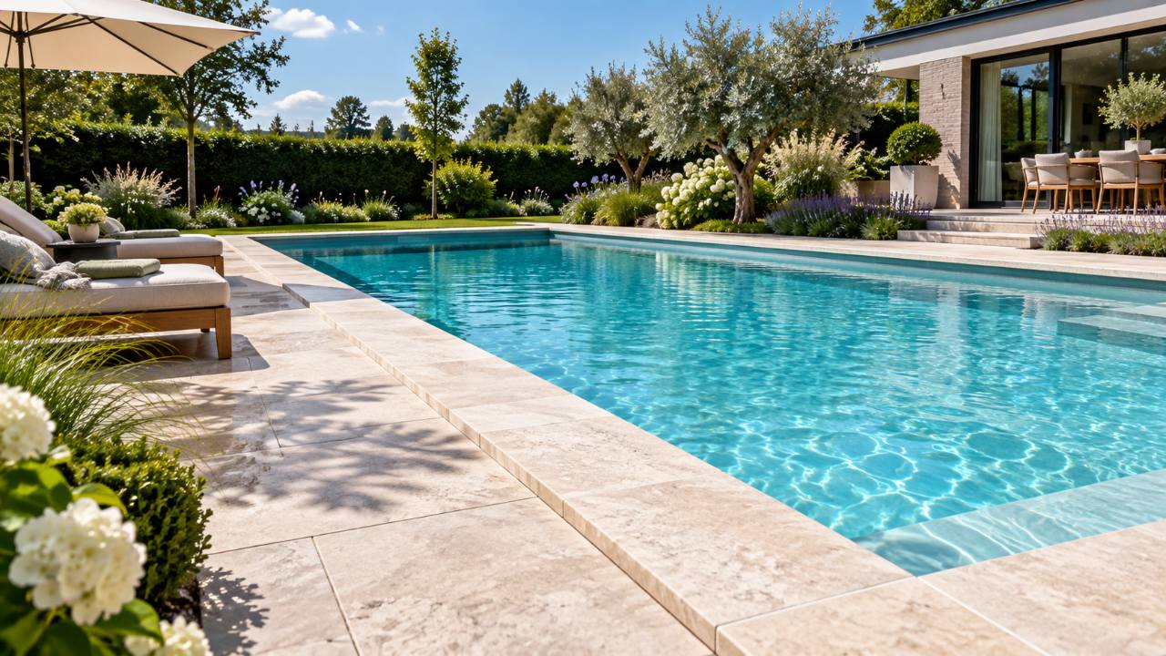 Margelles en pierre claire bordant une piscine dans un jardin du Nord → Piscine et Jardin