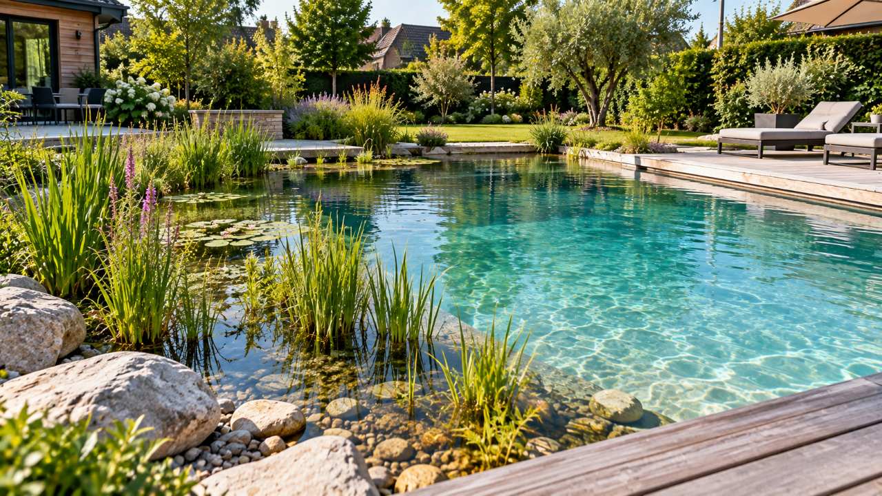 Piscine naturelle avec zone de baignade et zone de plantes épuratrices dans un jardin du Nord → Piscine et Jardin