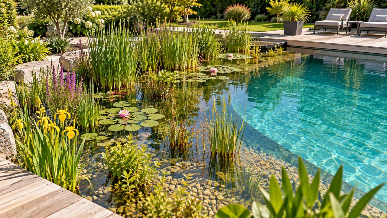 Zone de lagunage plantée qui filtre naturellement l'eau d'une piscine naturelle → Piscine et Jardin