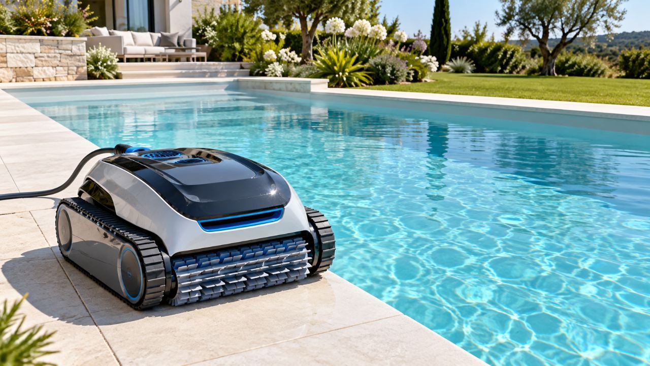 Robot de piscine électrique posé au bord du bassin, prêt à nettoyer parois et ligne d'eau → Piscine et Jardin