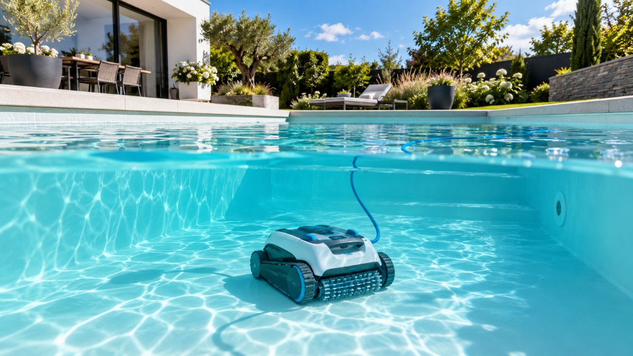 Robot électrique nettoyant le fond d’une piscine dans un jardin du Nord → Piscine et Jardin