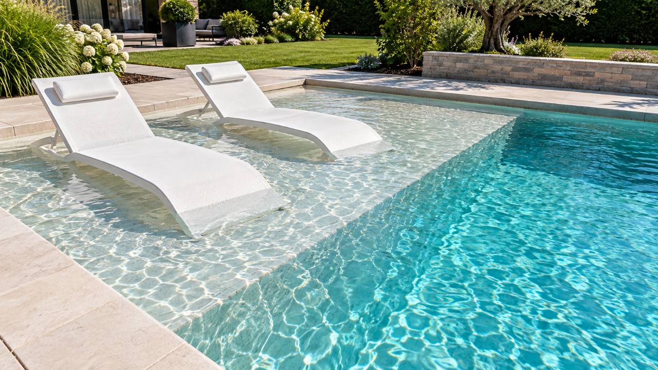 Bains de soleil posés sur la plage immergée d'une piscine, les pieds dans l'eau → Piscine et Jardin