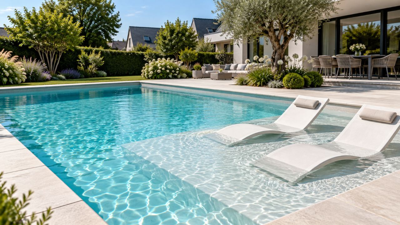 Piscine avec plage immergée en pente douce dans un jardin du Nord → Piscine et Jardin