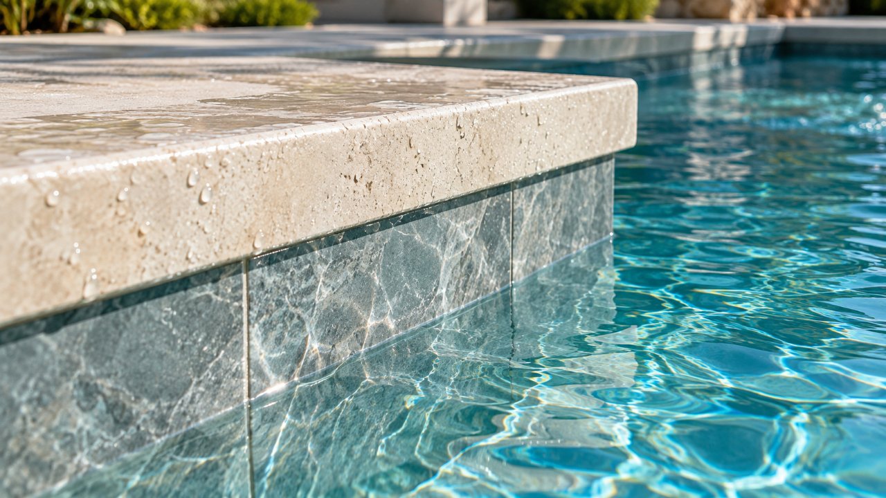Détail de plusieurs revêtements de piscine (liner, carrelage, coque) au bord d'un bassin → Piscine et Jardin