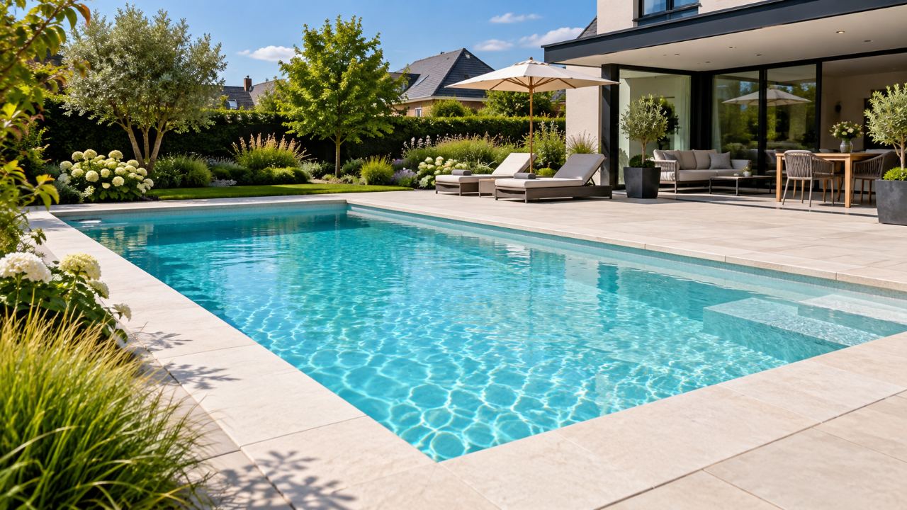 Piscine à l’eau turquoise avec un revêtement liner clair dans un jardin du Nord → Piscine et Jardin