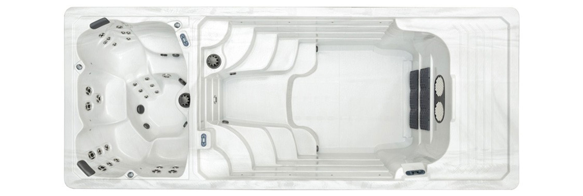 Spa de nage SUNRISE SWIM SPA 1900 DZ compartimenté pour deux eaux à différentes températures. Spa de nage SUNRISE SWIM SPA 1900 DZ compartimenté pour deux eaux à différentes températures.