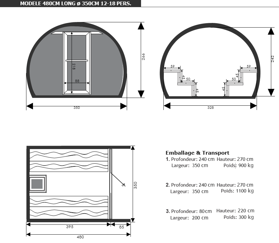 dimensions sauna XL eclipse - piscine et jardin - nord pas de calais picardie