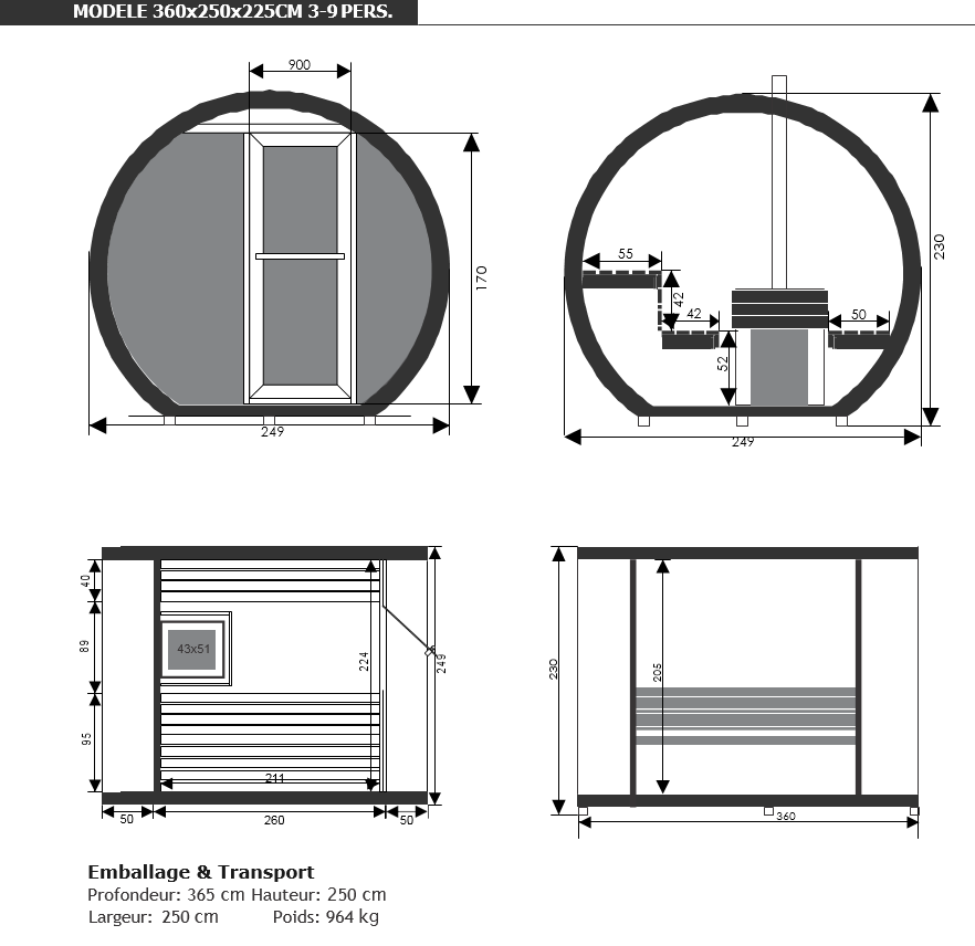 Dimensions sauna eclipse d'extérieur - piscine & Jardin